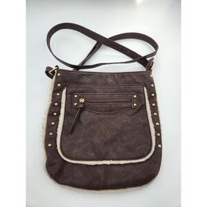 Woman's Brown Faux Leather Handbag/Purse - Faux Fur - Pockets - Adjustable Strap